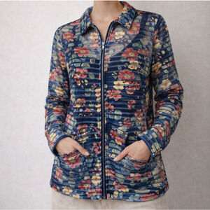 Erin London Small Floral Mesh Jacket Sheer Art to Wear Cardigan Shacket Vintage